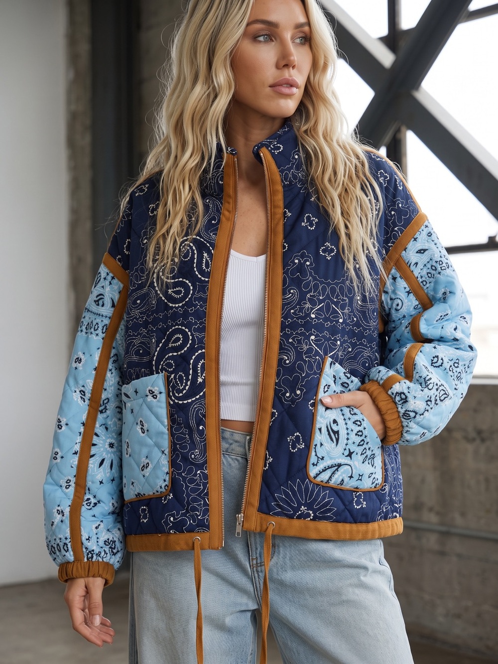 NWT Boho Paisley Bandana Contrast Quilt Stitch Oversized Jacket Coat Shacket